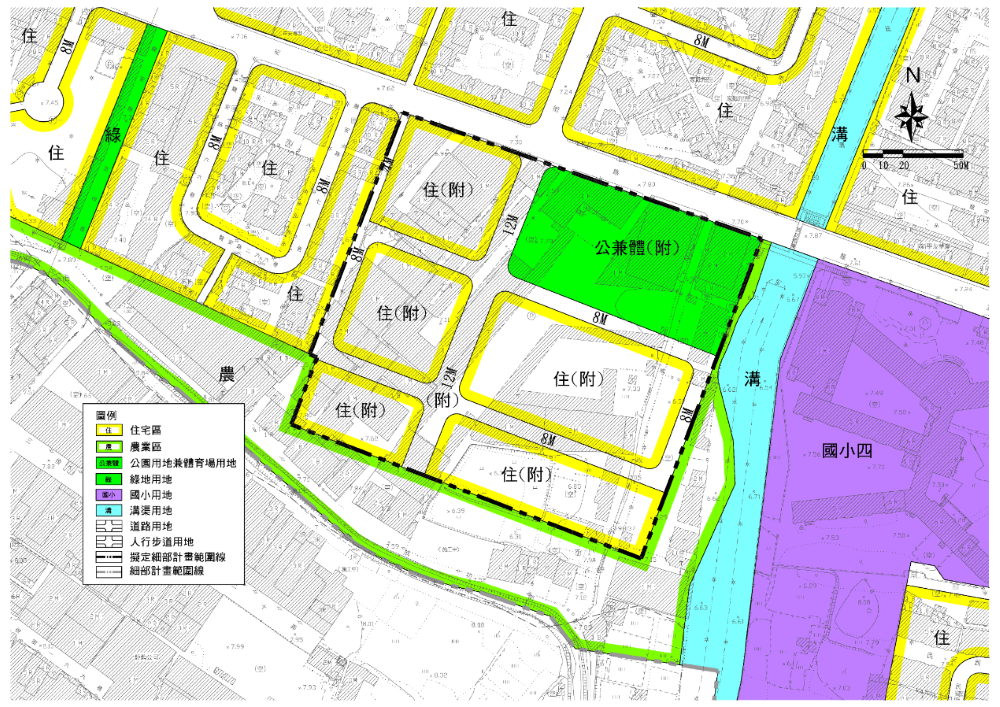 《圖說》新莊高中一用地變更後示意圖，除住宅區、道路用地，另規劃0.69公頃公園用地，後續將由體育處、交通局評估興建國民運動中心並共構停車場。〈城鄉局提供〉