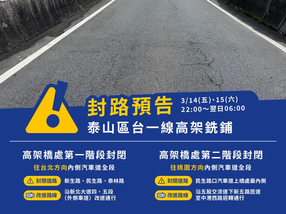 《圖說》泰山區台一線高架道路鋪面，將分施工分為二階段。〈工務局提供〉