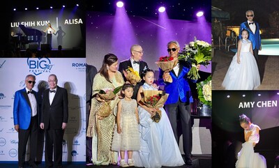 孫穎攜女兒貝貝及及兒子天天向鋼琴泰斗劉詩昆、鋼琴神童陳玥伊及傳奇男高音波切利獻花