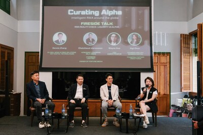 從左至右: 張琨（Dennis Zhang），螞蟻數科全球RWA負責人; 謝展（Chatchaval Jiaravanon)，Lightnet主席、CMAG Funds 創始合夥人及《財富》雜誌（FORTUNE）擁有人; Wayne Huo, Amber Premium 聯合創辦人兼行政總裁; 陳詠芝（Gigi Chan），盈達資本（Wonder Capital）創始人兼首席執行官及CMAG基金創始合夥人