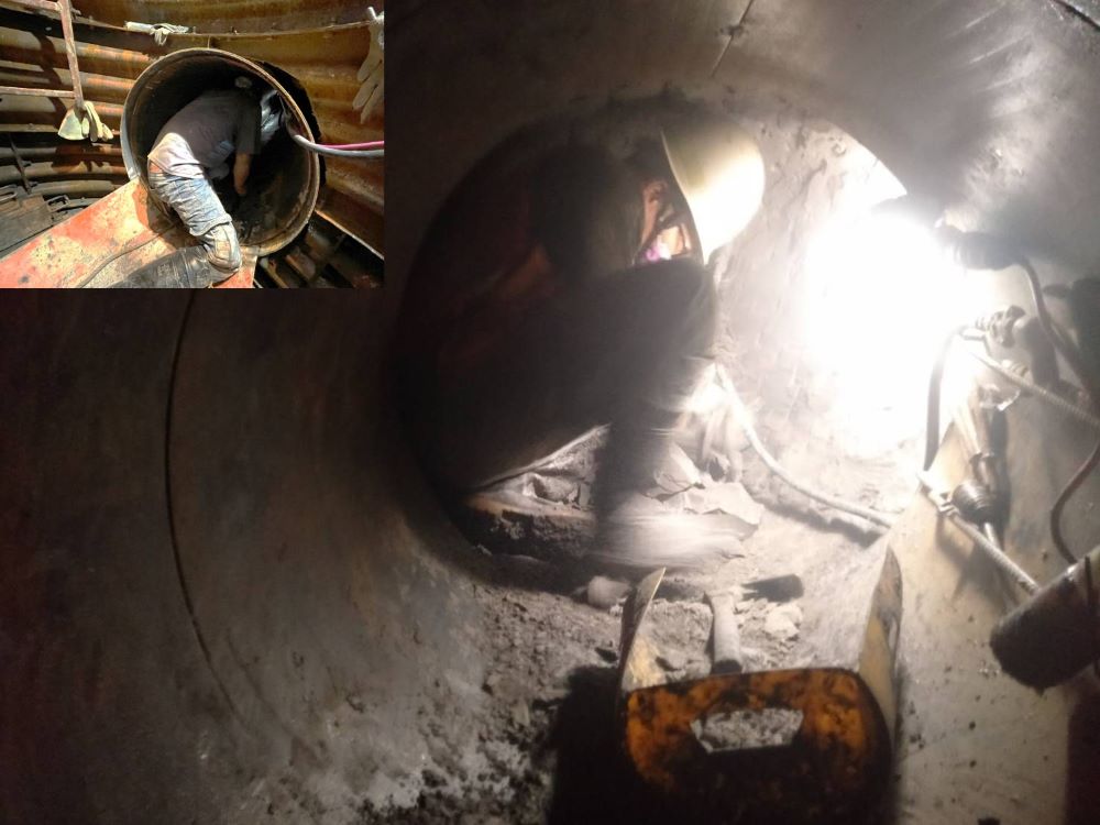 《圖說》施工人員像忍者龜一樣進入直徑80公分的鋼環中，以人工方式慢慢開挖。〈水利局提供〉