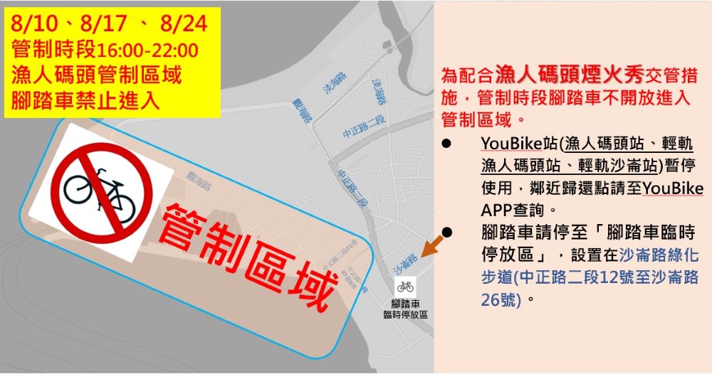 《圖說》管制時段(1600-2200)腳踏車禁止進入管制區域。〈漁業處提供〉