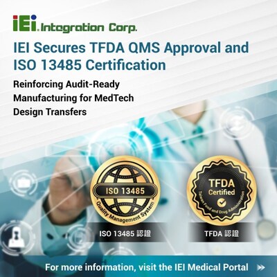 IEI Integration Corp. 宣布取得 TFDA 品質管理系統（QMS）核可，並持續維持 ISO 13485:2016 認證，進一步強化其在醫療器材設計移轉及法規管制量產上的稽核就緒製造能力。